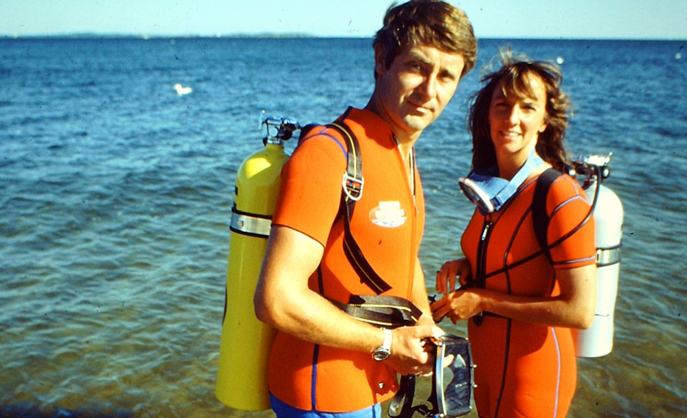 Peter and Wendy ready for diving in Stonington, CT, where she spent all her summers growing up.