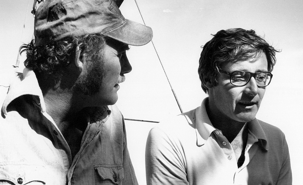Peter on the set of Jaws for filming taking time to check in with Robert Shaw who played Peter’s’s infamous shark hunter character, Quint.